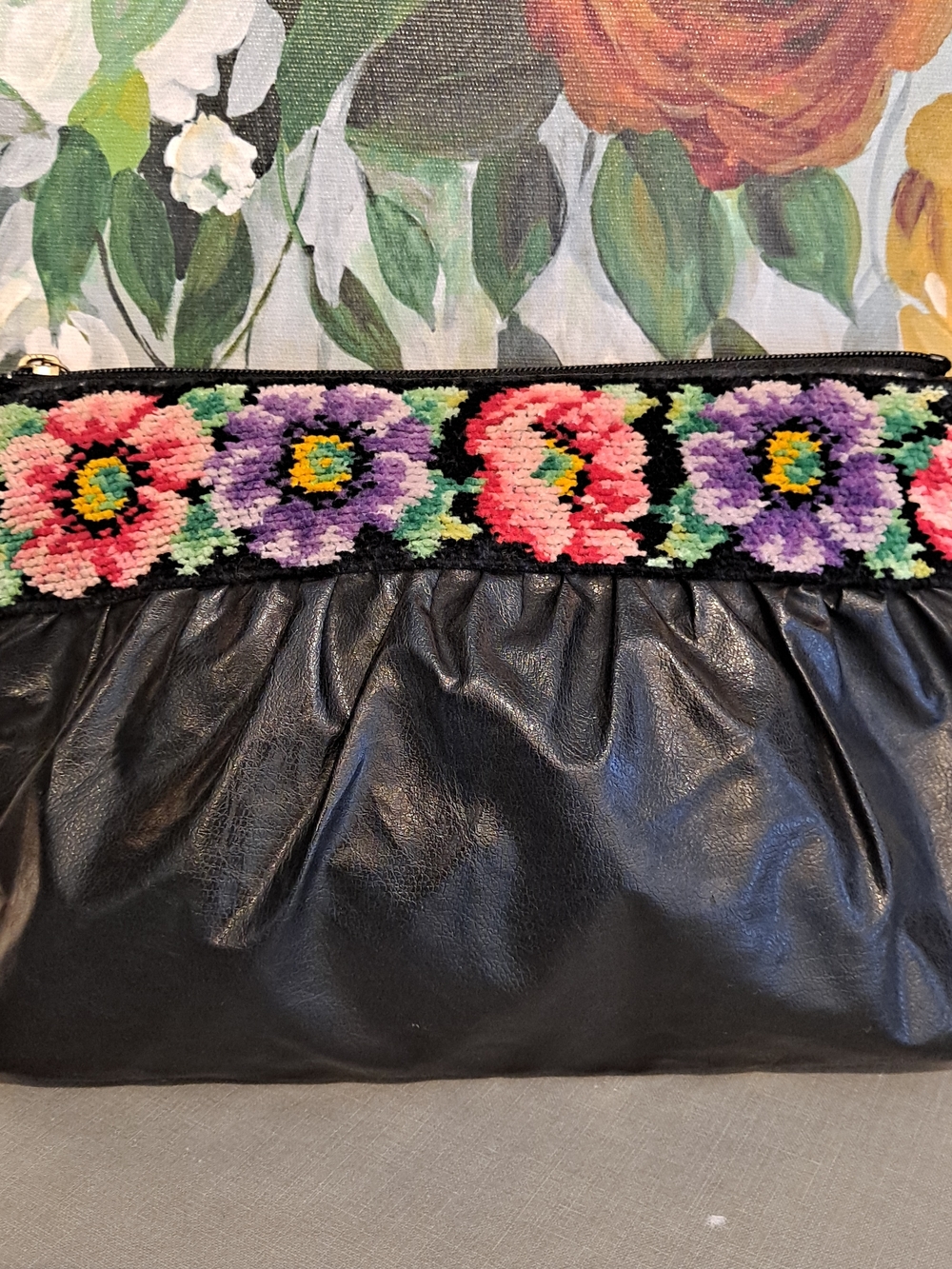 Feiler German Black Faux Leather Clutch w/Pink & Purple Chenille Floral Trim